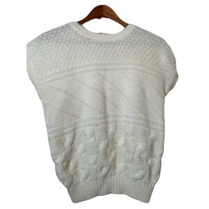 Vintage 80s Knit Acrylic Sweater Vest Size Small Ivory Granny Cottage Nerd True